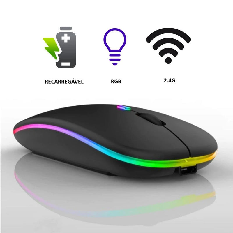 Mouse Wireless Sem Fio Recarregável LED RGB 2.4 Ghz