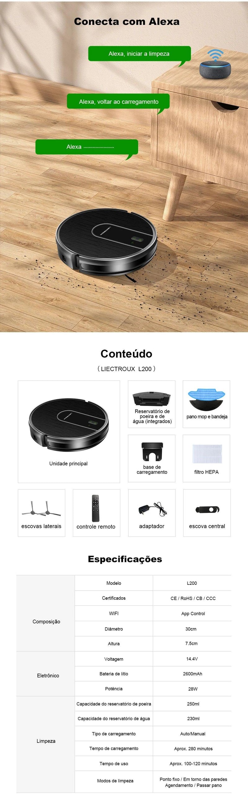 Robô Aspirador Liectroux L200 Aspira e Passa Pano Simultaneamente Preto - 100V - BrasBest