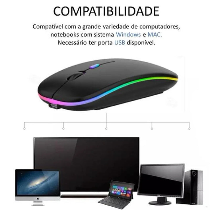 Mouse Wireless Sem Fio Recarregável LED RGB 2.4 Ghz