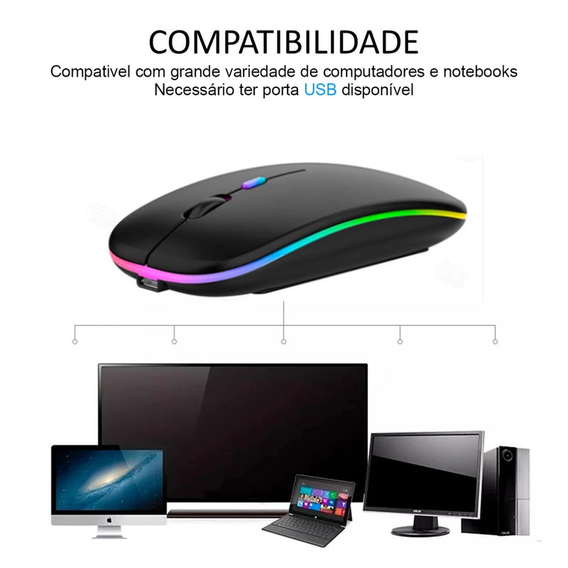 Mouse Wireless Sem Fio Recarregável LED RGB 2.4 Ghz