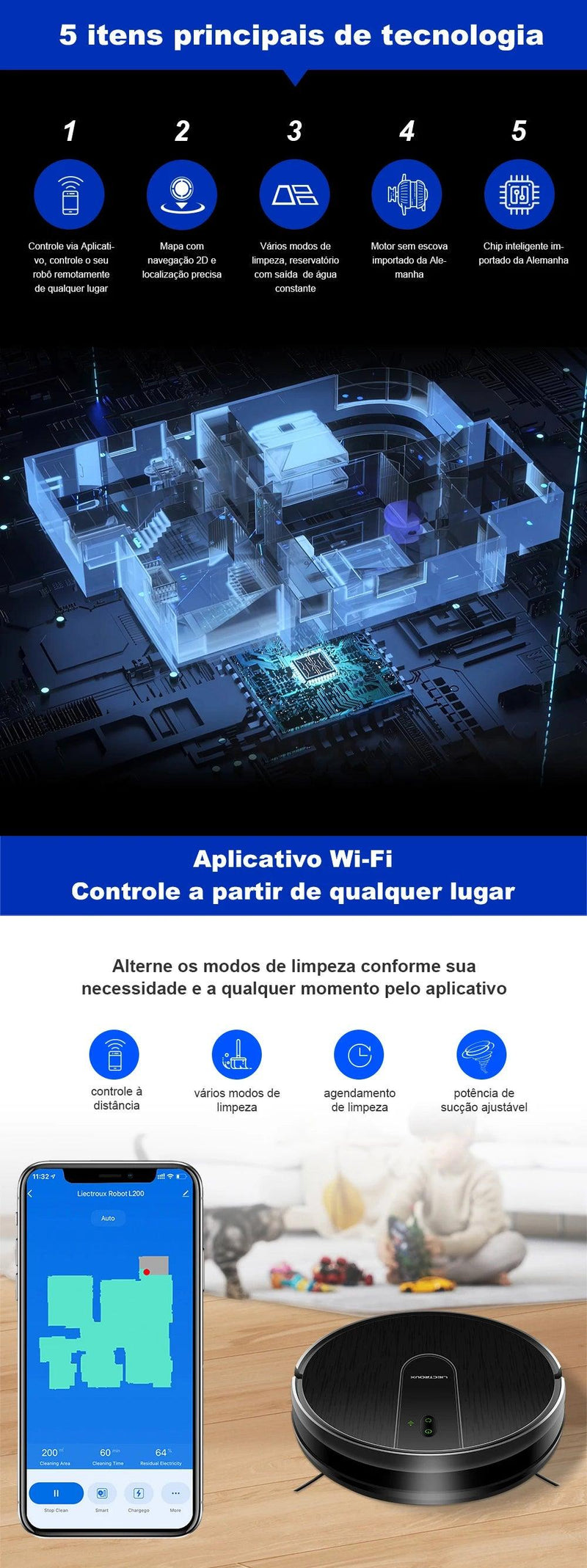 Robô Aspirador Liectroux L200 Aspira e Passa Pano Simultaneamente Preto - 100V - BrasBest