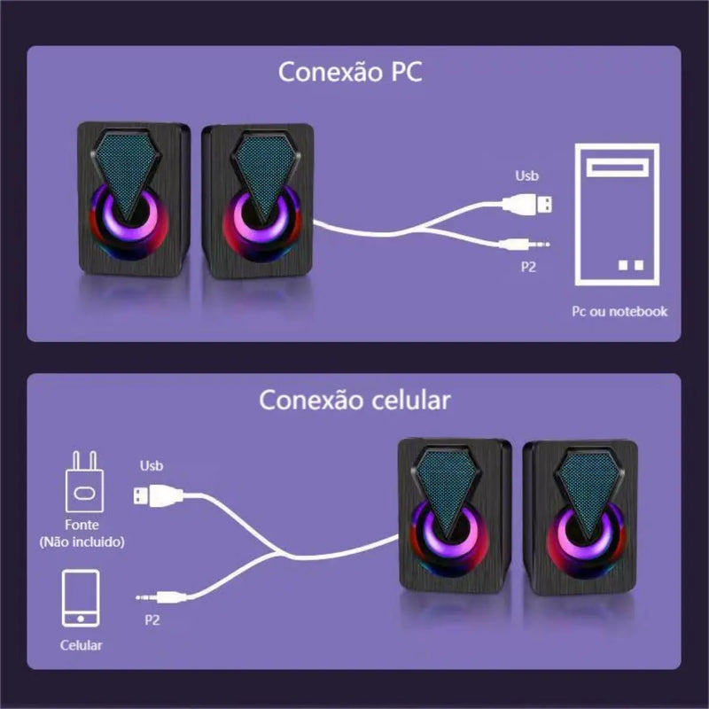 Caixa de som Pc Gamer Com Luz RGB Estéreo 2.0 Para Computador Notebook - BrasBest
