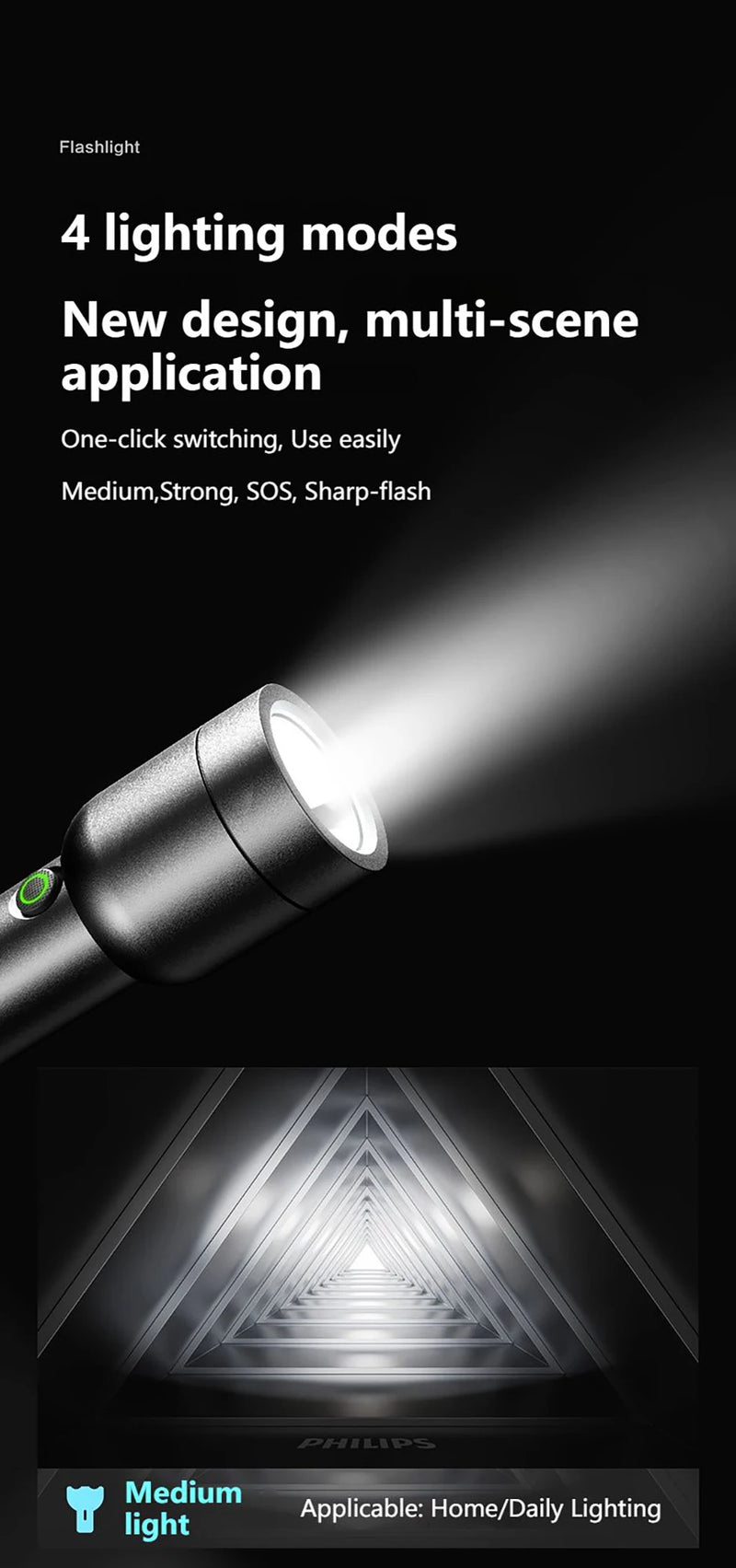 Lanterna LED Philips Com USB Bateria Recarregável 4 Modos de Iluminação - BrasBest