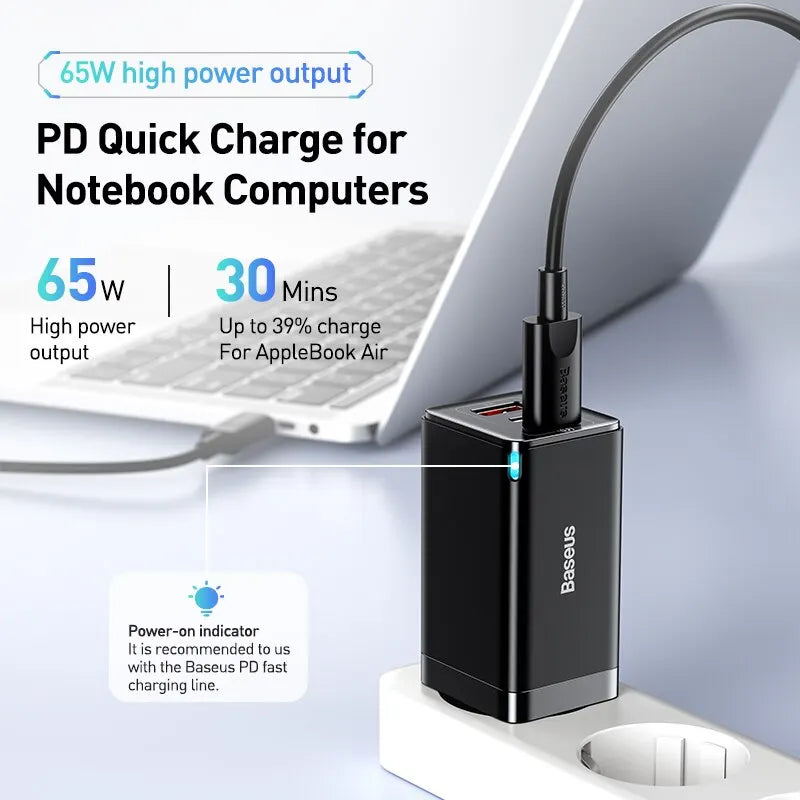 Carregador Portátil Baseus 65W, Carregamento Rápido, 4.0, 3.0, Tipo C, Celular, Notebook - BrasBest