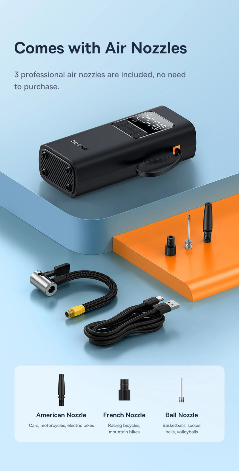 Mini Compressor a Ar Baseus, bomba de ar sem fio para carro, compressor de ar portátil para carros, compressor de ar portátil para carros, motocicletas, bicicleta, insuflador de pneus com display digital LCD. - BrasBest