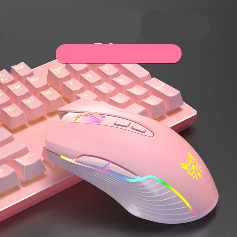 Mouse Gamer Sem Fio Onikuma - 6400 DPI, linhas de LED RGB, Óptico USB, 7 Botões, Cor Rosa, para PC e Laptop