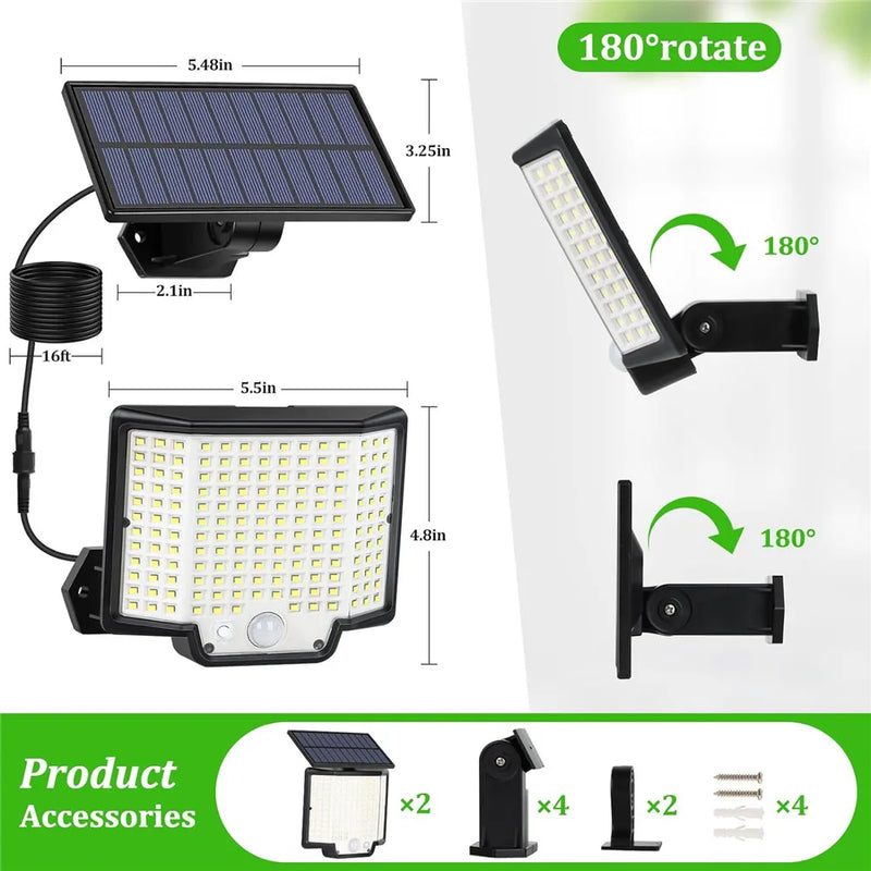Luz solar impermeável ao ar livre com sensor de movimento, LED, holofote, controle remoto, 3 modos, pátio, garagem, quintal - BrasBest