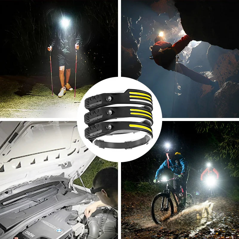 Lanterna de Cabeça LED, Sensor Farol, Lâmpada Principal, Bateria Embutida