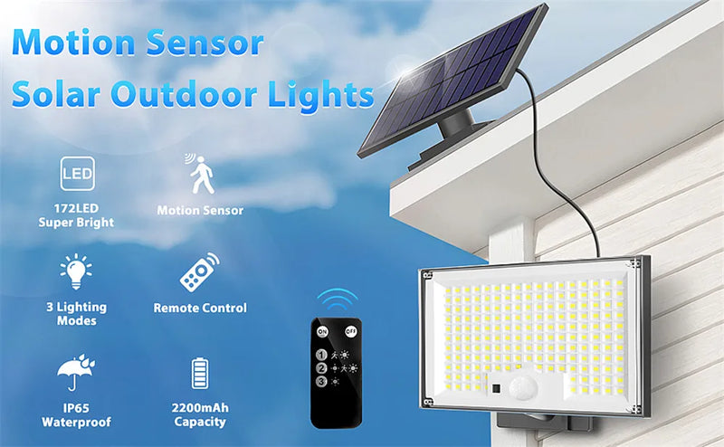 Luz solar impermeável ao ar livre com sensor de movimento, LED, holofote, controle remoto, 3 modos, pátio, garagem, quintal - BrasBest