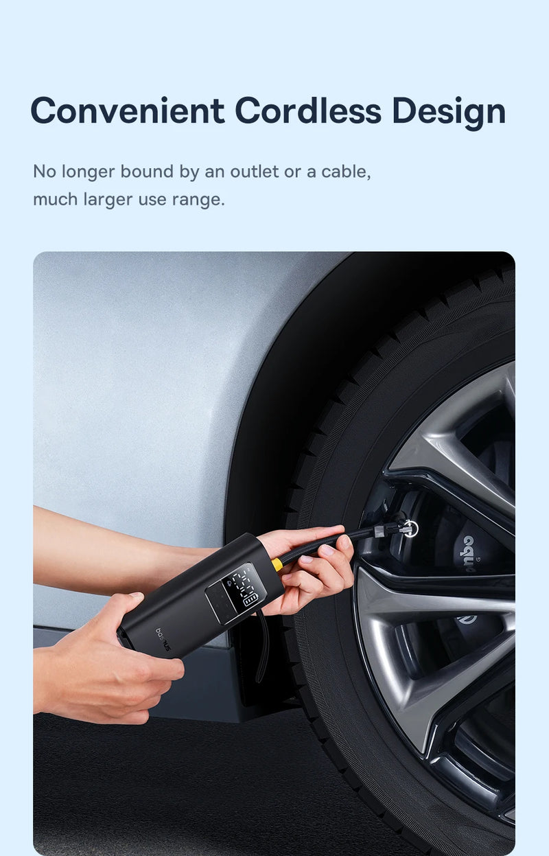 Mini Compressor a Ar Baseus, bomba de ar sem fio para carro, compressor de ar portátil para carros, compressor de ar portátil para carros, motocicletas, bicicleta, insuflador de pneus com display digital LCD. - BrasBest