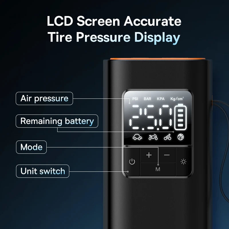 Mini Compressor a Ar Baseus, bomba de ar sem fio para carro, compressor de ar portátil para carros, compressor de ar portátil para carros, motocicletas, bicicleta, insuflador de pneus com display digital LCD. - BrasBest