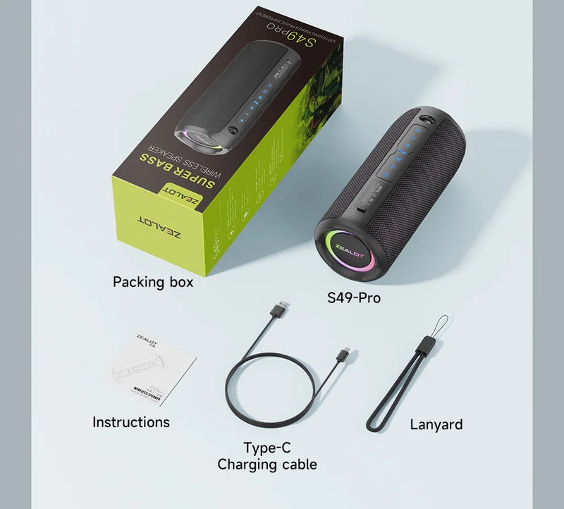 Caixa de Som Bluetooth Portátil, Caixa de Som Poderosa, Bass Boost, Emparelhamento Duplo, Altifalante Sem Fio Verdadeiro, IPX6 Impermeável, S49PRO, 20W - BrasBest