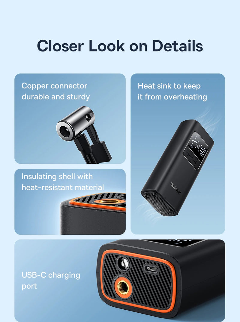 Mini Compressor a Ar Baseus, bomba de ar sem fio para carro, compressor de ar portátil para carros, compressor de ar portátil para carros, motocicletas, bicicleta, insuflador de pneus com display digital LCD. - BrasBest