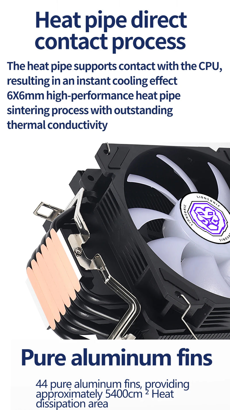 Cooler Processador Intel/Amd, Ventilador CPU, 6 Heat Pipes, PWM 4 Pinos, 120mm, Ventilador PC ARGB, Silencioso Silencioso Intel LGA 1700, 1200, 1150, 1155, 1356, 2011, X79X99, AMD AM4 - BrasBest