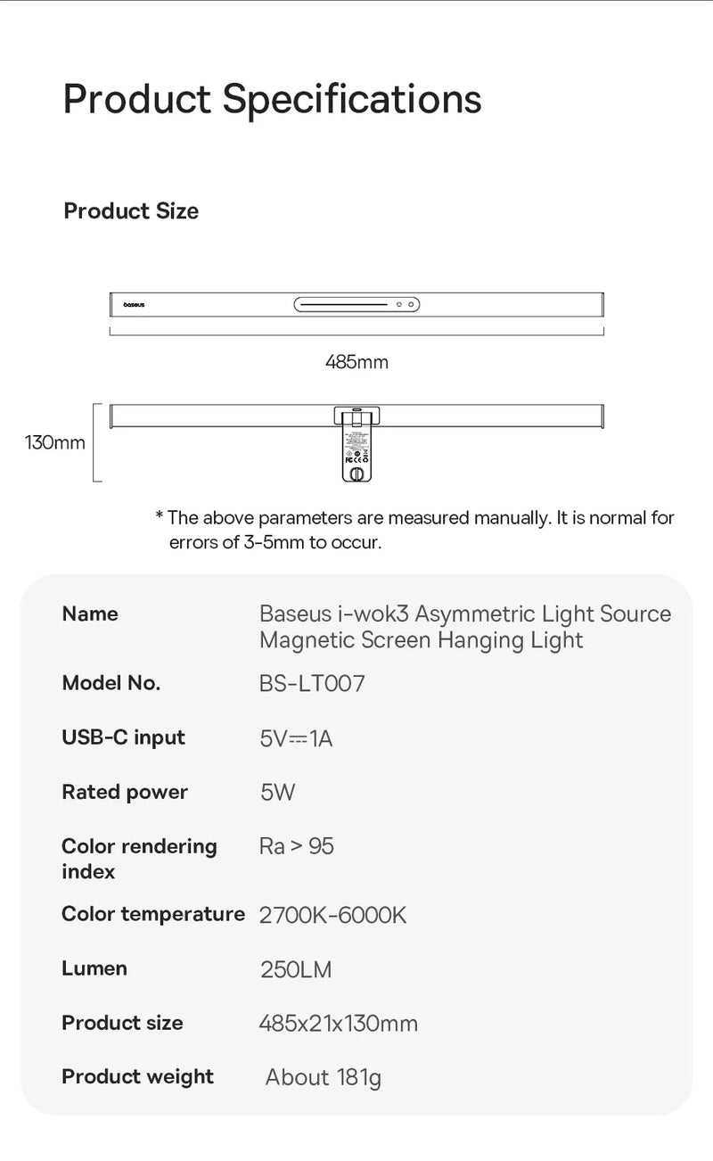 Luz LED para Monitor Baseus - magnética suspensa para tela de computador, mesa, laptop, mesa, Luz para Estudo, Laptop, USB. - BrasBest