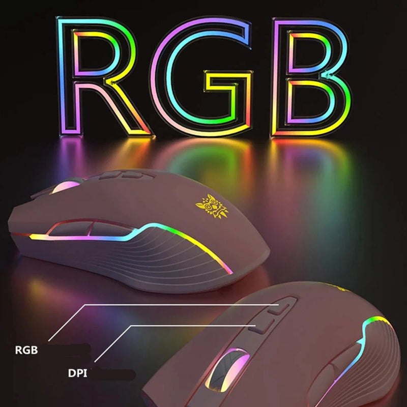Mouse Gamer Sem Fio Onikuma - 6400 DPI, linhas de LED RGB, Óptico USB, 7 Botões, Cor Rosa, para PC e Laptop