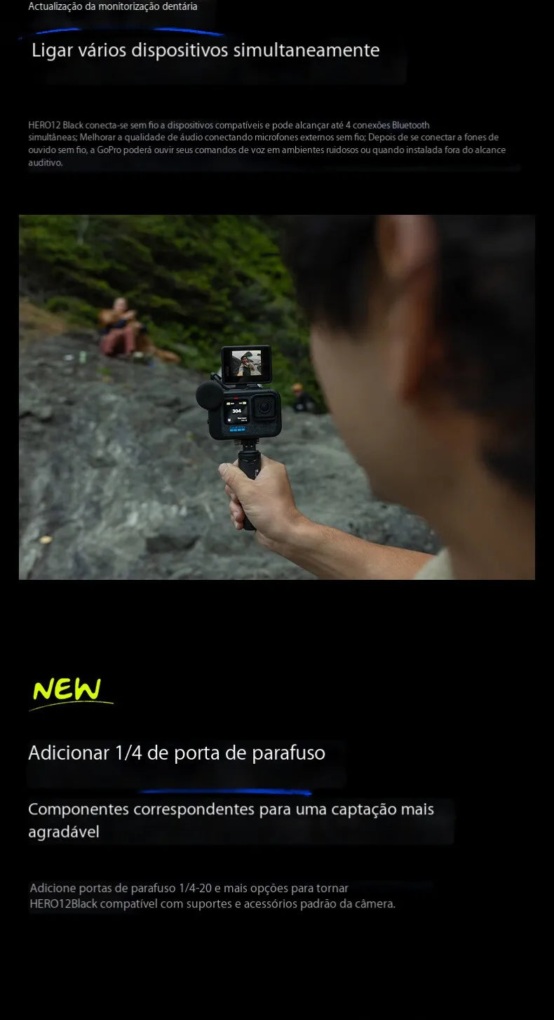 GoPro 12 Câmera de ação, preta, impermeável, 2x Bateria, Tempo de Execução, HyperSmooth 6.0, 5.3K60, 27MP