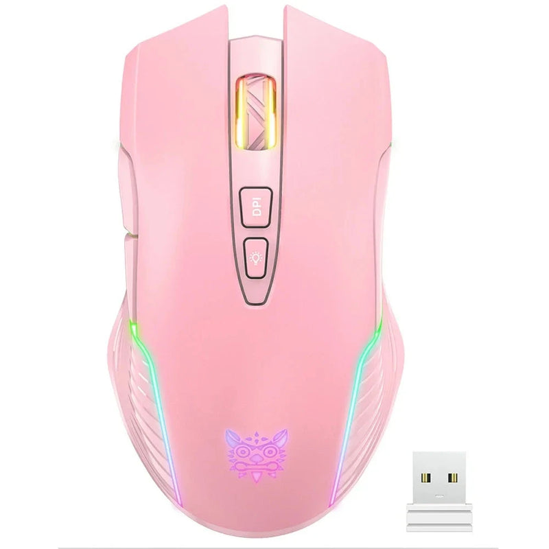 Mouse Gamer Sem Fio Onikuma - 6400 DPI, linhas de LED RGB, Óptico USB, 7 Botões, Cor Rosa, para PC e Laptop
