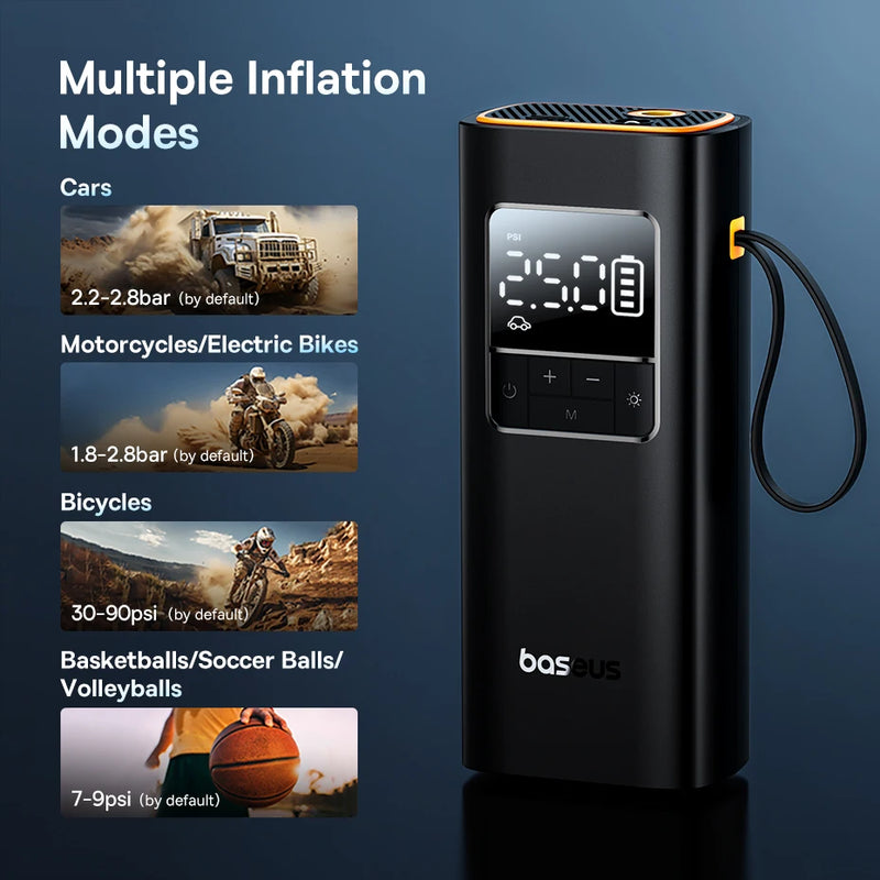 Mini Compressor a Ar Baseus, bomba de ar sem fio para carro, compressor de ar portátil para carros, compressor de ar portátil para carros, motocicletas, bicicleta, insuflador de pneus com display digital LCD. - BrasBest