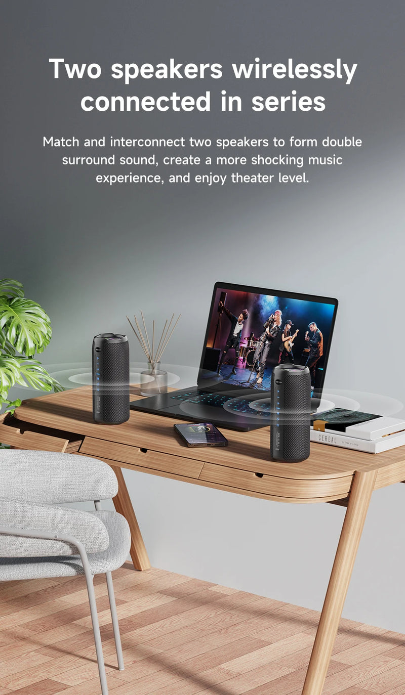 Caixa de Som Bluetooth Portátil, Caixa de Som Poderosa, Bass Boost, Emparelhamento Duplo, Altifalante Sem Fio Verdadeiro, IPX6 Impermeável, S49PRO, 20W - BrasBest