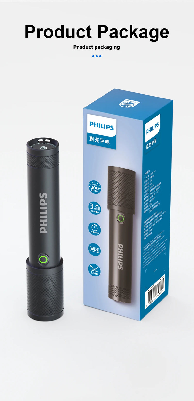 Lanterna LED Philips Com USB Bateria Recarregável 4 Modos de Iluminação - BrasBest