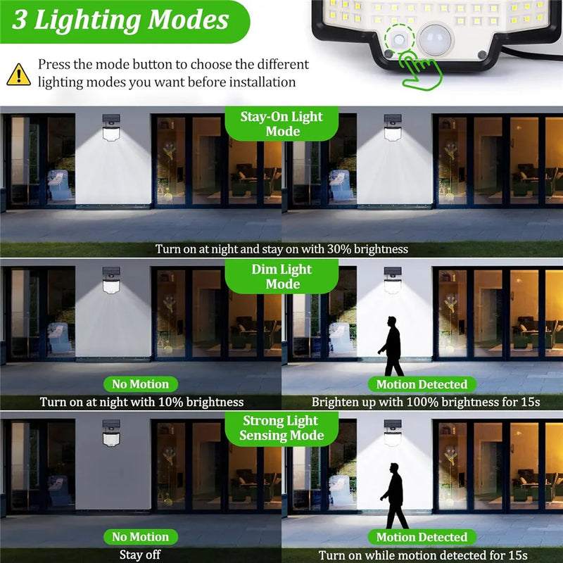 Luz solar impermeável ao ar livre com sensor de movimento, LED, holofote, controle remoto, 3 modos, pátio, garagem, quintal - BrasBest