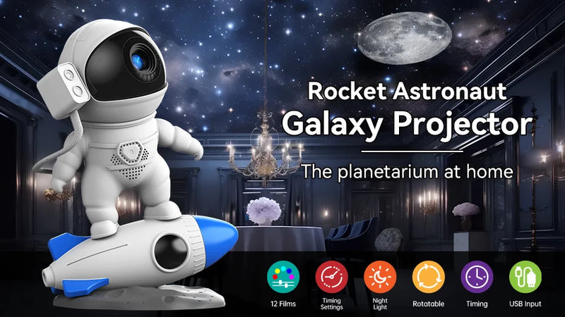 Foguete Astronauta Projetor de Galáxia, Lâmpada de Luz Noturna, 13 Peças de Filme, Projetor Sky, Rotação 360 °, Planetário para Crianças - BrasBest