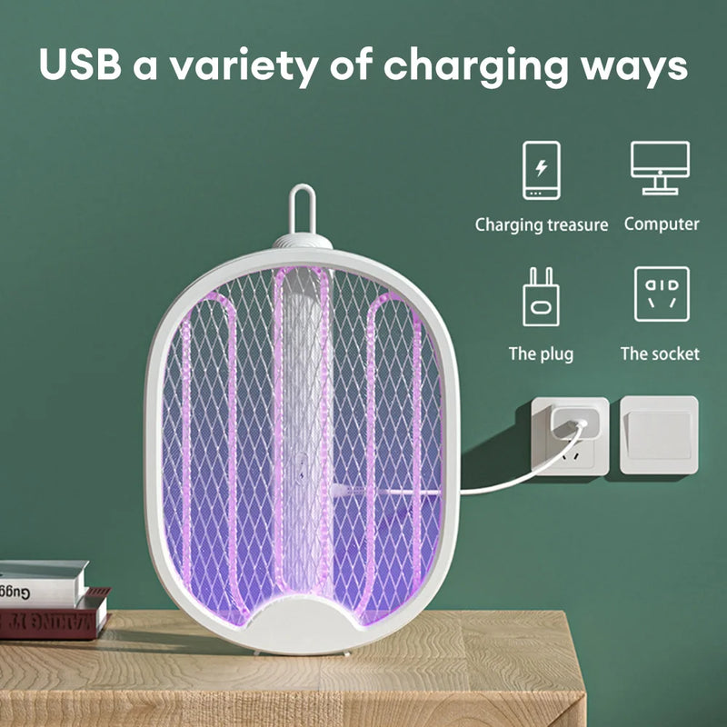 Raquete Elétrica mata Mosquito Elétrico Dobrável, Fly Swatter Trap, Recarregável USB, Assassino de insetos com luz UV, Bug Zapper, 3000V - BrasBest