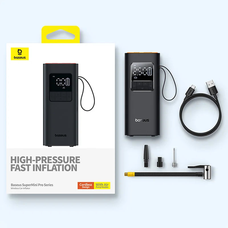 Mini Compressor a Ar Baseus, bomba de ar sem fio para carro, compressor de ar portátil para carros, compressor de ar portátil para carros, motocicletas, bicicleta, insuflador de pneus com display digital LCD. - BrasBest