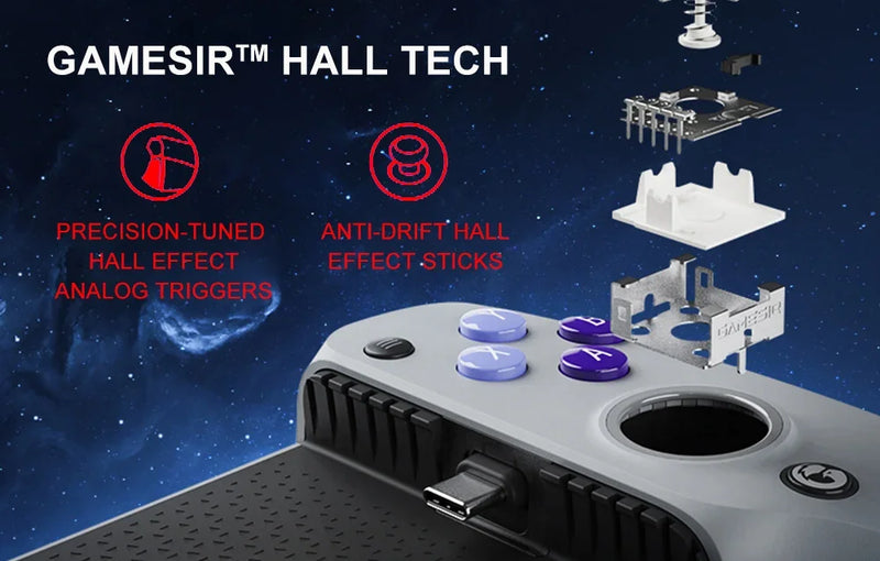 Gamepad para Celular Type-C - Controle de Jogos com Efeito Hall, Joystick para iPhone 15, Android e Jogos na Nuvem