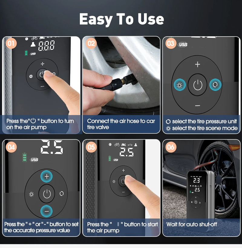 Bomba de ar para pneu de carro, moto, Bicicleta, Inflator de pneu portátil, Mini Compressor Digital. - BrasBest